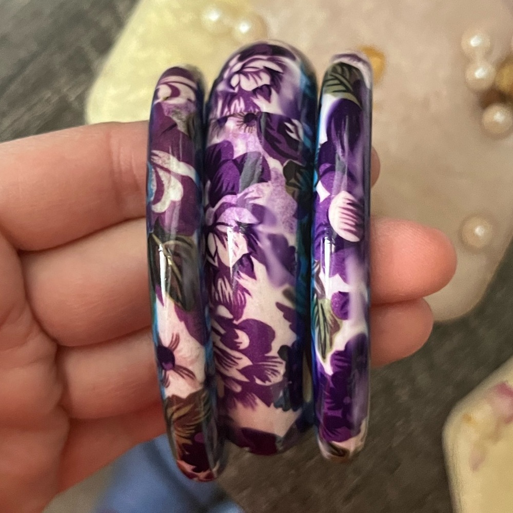 Vintage Floral Purple Bangle Set of 3